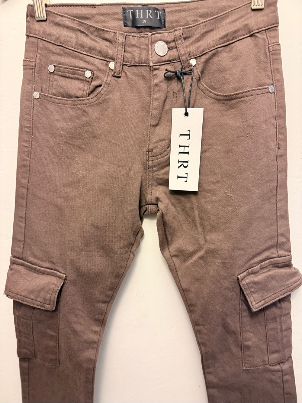 THRT Men's Skinny Cargo Distressed Brown Jeans